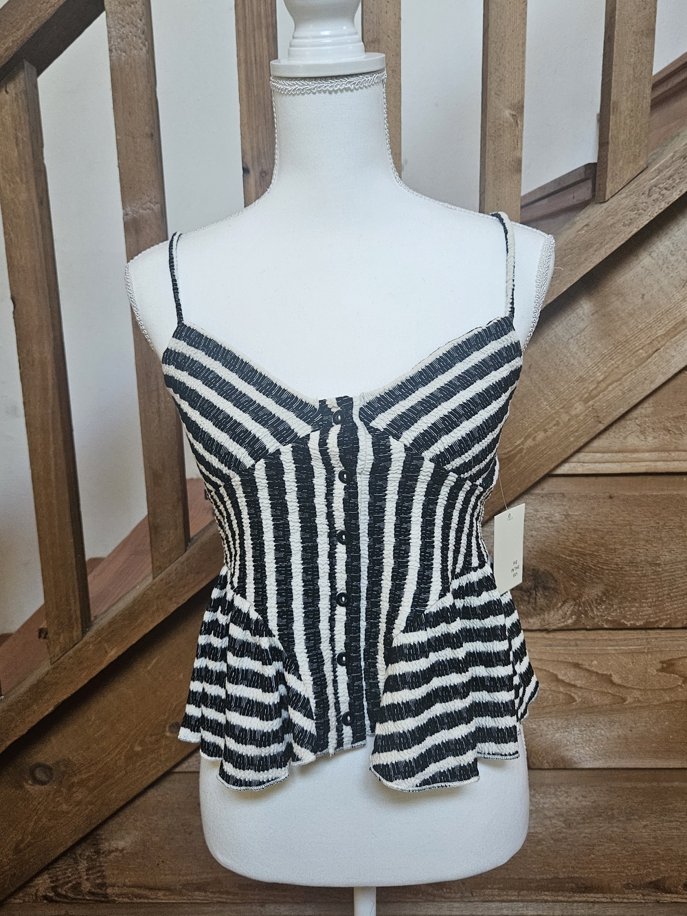 Black & White Striped Button-Front Peplum Crop Top